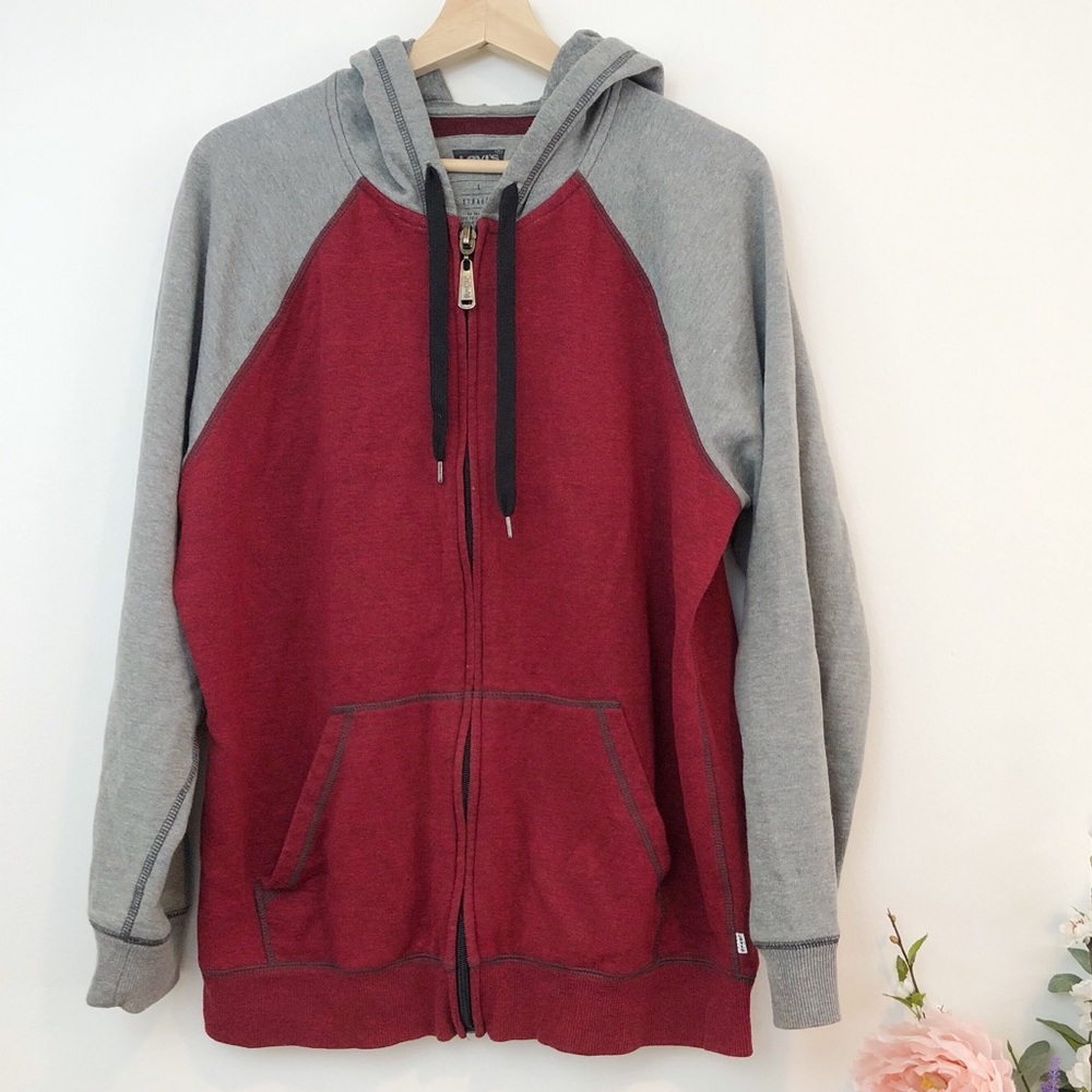 Levi’s | Gray burgundy zip up hoodie, size L